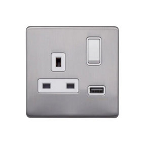 Brushed Chrome Screwless Plate  13A 1 Gang Switched Plug Socket (3.1A) USB Outlet - White Trim - SE Home