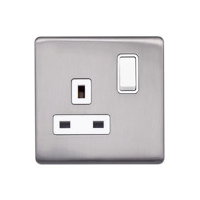 Brushed Chrome Screwless Plate  13A 1 Gang Switched Plug Socket, Double Pole - White Trim - SE Home