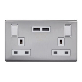 Brushed Chrome Screwless Plate  13A 2 Gang Switched DP Socket 2 x USB Outlet (4.8A) - White Trim - SE Home