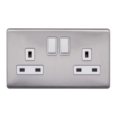 Brushed Chrome Screwless Plate  13A 2 Gang Switched Plug Socket, Double Pole - White Trim - SE Home