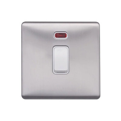 Brushed Chrome Screwless Plate  20A 1 Gang Double Pole Switch & Neon-White Trim - White Trim - SE Home