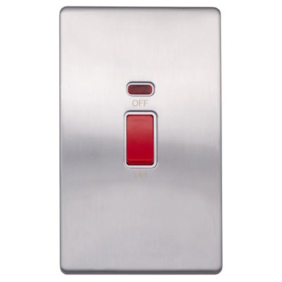 Brushed Chrome Screwless Plate  45A 1 Gang Double Pole Switch & Neon, Large Plate - White Trim - SE Home