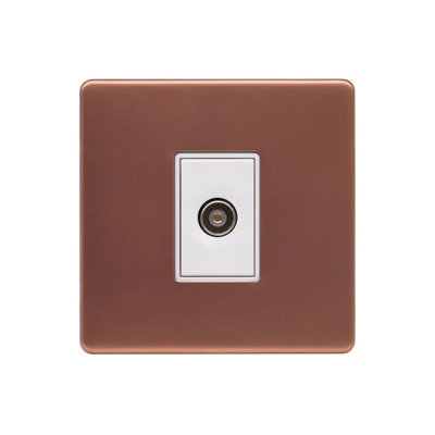 Brushed Copper Screwless Plate 1 Gang TV Socket - White Trim - SE Home
