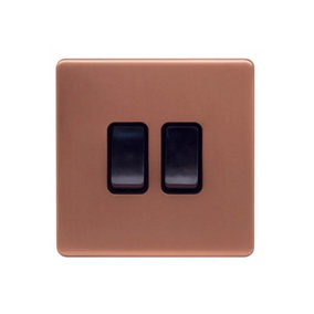 Brushed Copper Screwless Plate 10A 2 Gang 2 Way Light Switch - Black Trim - SE Home