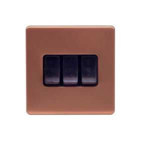 Brushed Copper Screwless Plate 10A 3 Gang 2 Way Light Switch - Black Trim - SE Home