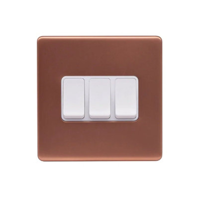 Brushed Copper Screwless Plate 10A 3 Gang 2 Way Light Switch - White Trim - SE Home