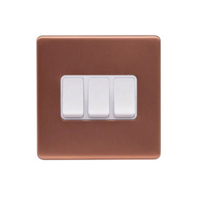 Brushed Copper Screwless Plate 10A 3 Gang 2 Way Light Switch - White Trim - SE Home