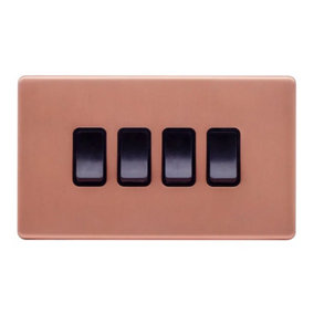 Brushed Copper Screwless Plate 10A 4 Gang 2 Way Light Switch - Black Trim - SE Home