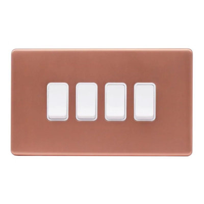 Brushed Copper Screwless Plate 10A 4 Gang 2 Way Light Switch - White Trim - SE Home