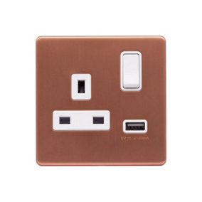 Brushed Copper Screwless Plate 13A 1 Gang Switched Plug Socket (3.1A) USB Outlet - White Trim - SE Home
