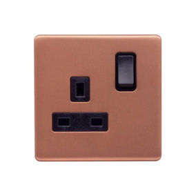Brushed Copper Screwless Plate 13A 1 Gang Switched Plug Socket, Double Pole - Black Trim - SE Home