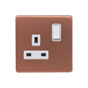 Brushed Copper Screwless Plate 13A 1 Gang Switched Plug Socket, Double Pole - White Trim - SE Home
