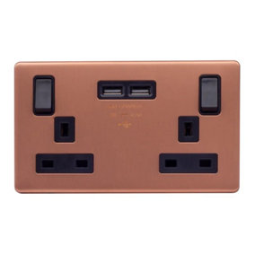 Brushed Copper Screwless Plate 13A 2 Gang Switched DP Socket 2 x USB Outlet (4.8A) - Black Trim - SE Home