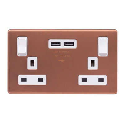 Brushed Copper Screwless Plate 13A 2 Gang Switched DP Socket 2 x USB Outlet (4.8A) - White Trim - SE Home