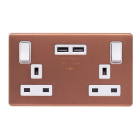 Brushed Copper Screwless Plate 13A 2 Gang Switched DP Socket 2 x USB Outlet (4.8A) - White Trim - SE Home