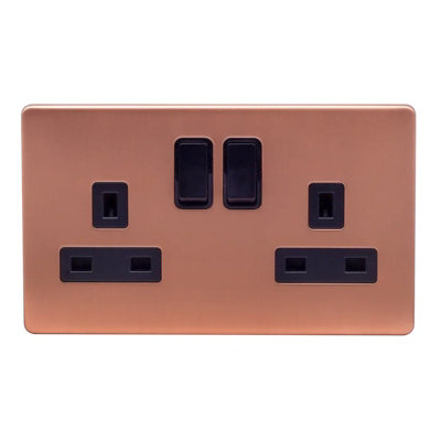 Brushed Copper Screwless Plate 13A 2 Gang Switched Plug Socket, Double Pole - Black Trim - SE Home