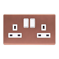 Brushed Copper Screwless Plate 13A 2 Gang Switched Plug Socket, Double Pole - White Trim - SE Home