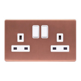 Brushed Copper Screwless Plate 13A 2 Gang Switched Plug Socket, Double Pole - White Trim - SE Home