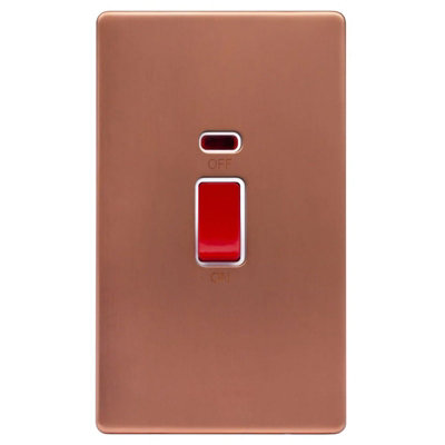 Brushed Copper Screwless Plate 45A 1 Gang Double Pole Switch & Neon, Large Plate - White Trim - SE Home