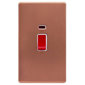 Brushed Copper Screwless Plate 45A 1 Gang Double Pole Switch & Neon, Large Plate - White Trim - SE Home