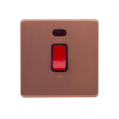 Brushed Copper Screwless Plate 45A 1 Gang Double Pole Switch, Single Plate - Black Trim - SE Home