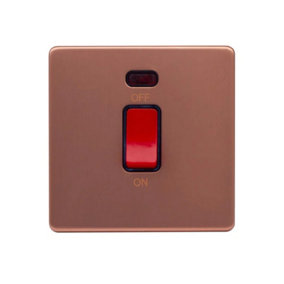 Brushed Copper Screwless Plate 45A 1 Gang Double Pole Switch, Single Plate - Black Trim - SE Home