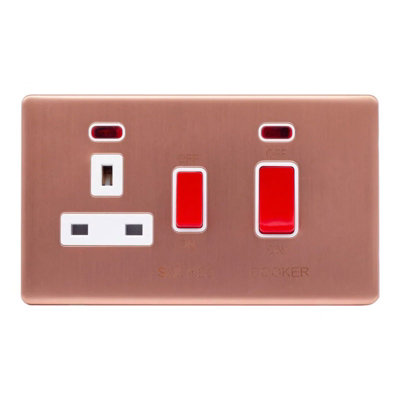 Brushed Copper Screwless Plate 45A Cooker Control Unit & Neon-White Trim - White Trim - SE Home