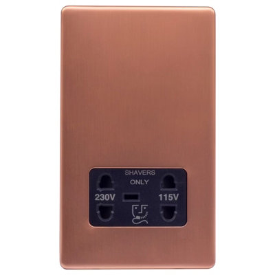 Brushed Copper Screwless Plate Shaver Socket 230/115V Plate - Black Trim - SE Home