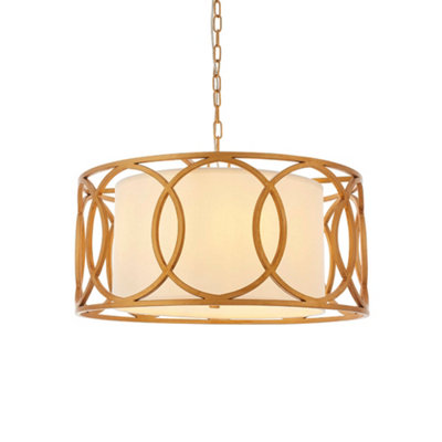 Brushed Gold Multi Arm Ceiling Pendant Light - White Fabric Shade - Dimmable