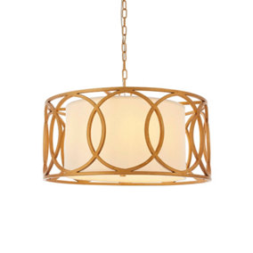 Brushed Gold Multi Arm Ceiling Pendant Light - White Fabric Shade - Dimmable