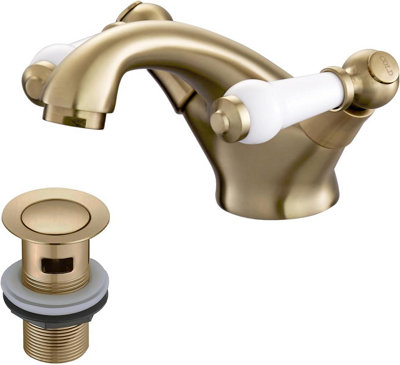 Brushed Gold Victorian Bathroom Sink Tap with Drain Ceramic Lever Brass Bathroom Tap with Pop Up Waste