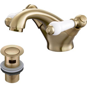 Brushed Gold Victorian Bathroom Sink Tap with Drain Ceramic Lever Brass Bathroom Tap with Pop Up Waste