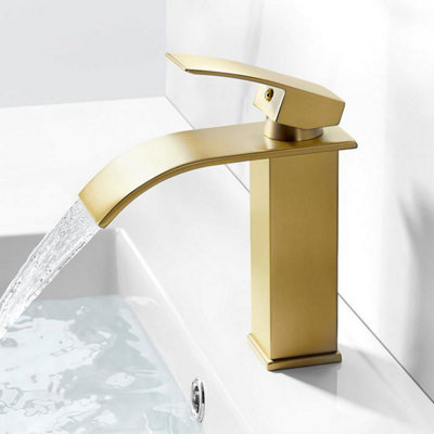 Brushed Gold Waterfall Bathroom Faucet Brass Bathroom Sink Faucet Sink ...