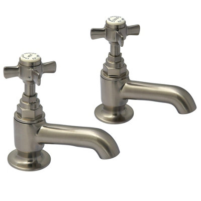 Brushed Nickel Bath Tap Pair - Traditional Crosshead Design - Durable Brass Construction for Hot & Cold