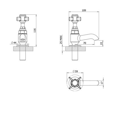 Brushed Nickel Bath Tap Pair - Traditional Crosshead Design - Durable Brass Construction for Hot & Cold