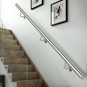 Brushed Stainless Steel Rounded Stair Handrail Kit with Wall Handrail Bracket L 375 cm