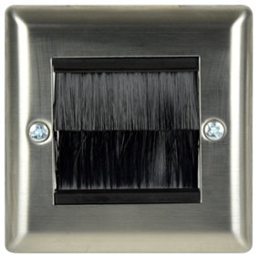 Brushed Steel Brush Wall Plate Single Gang Face Plate Cable Feed Through Cover Silver