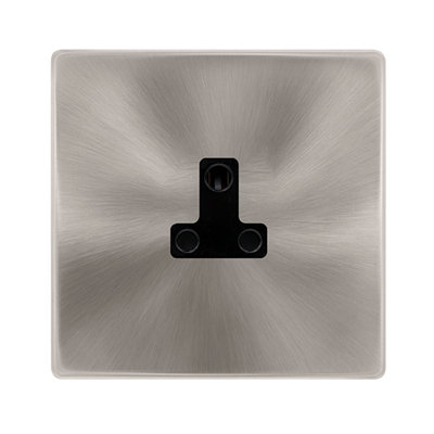 Brushed Steel Screwless Plate 1 Gang 2A Round Pin Socket - Black Trim - SE Home