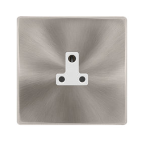 Brushed Steel Screwless Plate 1 Gang 2A Round Pin Socket - White Trim - SE Home