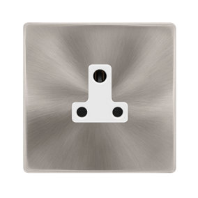 Brushed Steel Screwless Plate 1 Gang 5A Round Pin Socket - White Trim - SE Home
