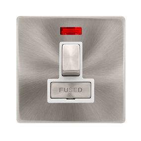 Brushed Steel Screwless Plate 13A Fused Ingot Connection Unit Switched With Neon - White Trim - SE Home