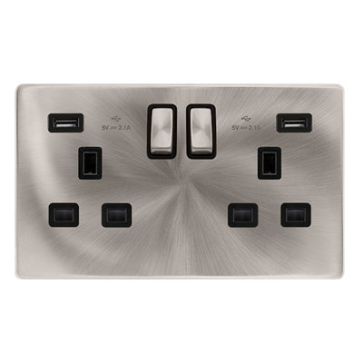 Brushed Steel Screwless Plate 2 Gang 13A DP Ingot 2 USB Twin Double Switched Plug Socket - Black Trim - SE Home