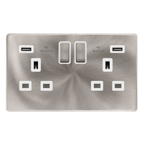 Brushed Steel Screwless Plate 2 Gang 13A DP Ingot 2 USB Twin Double Switched Plug Socket - White Trim - SE Home