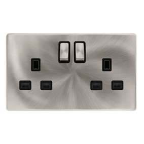 Brushed Steel Screwless Plate 2 Gang 13A DP Ingot Twin Double Switched Plug Socket - Black Trim - SE Home