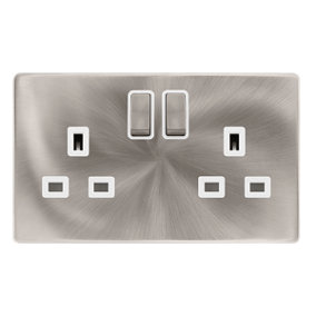 Brushed Steel Screwless Plate 2 Gang 13A DP Ingot Twin Double Switched Plug Socket - White Trim - SE Home