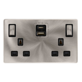 Brushed Steel Screwless Plate 2 Gang 13A DP Ingot Type A & C USB Twin Double Switched Plug Socket - Black Trim - SE Home