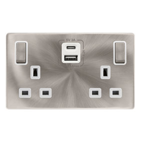 Brushed Steel Screwless Plate 2 Gang 13A DP Ingot Type A & C USB Twin Double Switched Plug Socket - White Trim - SE Home