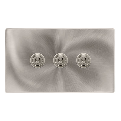 Brushed Steel Screwless Plate 3 Gang 2 Way 10AX Toggle Light Switch - SE Home