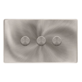Brushed Steel Screwless Plate 3 Gang 2 Way LED 100W Trailing Edge Dimmer Light Switch - SE Home