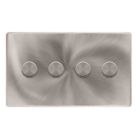 Brushed Steel Screwless Plate 4 Gang 2 Way LED 100W Trailing Edge Dimmer Light Switch. - SE Home
